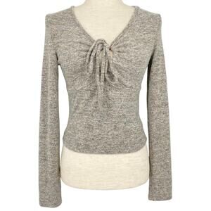 DAZY Tie Front Long Sleeve Knit V Neck Top Size Medium Short Length Heather Gray